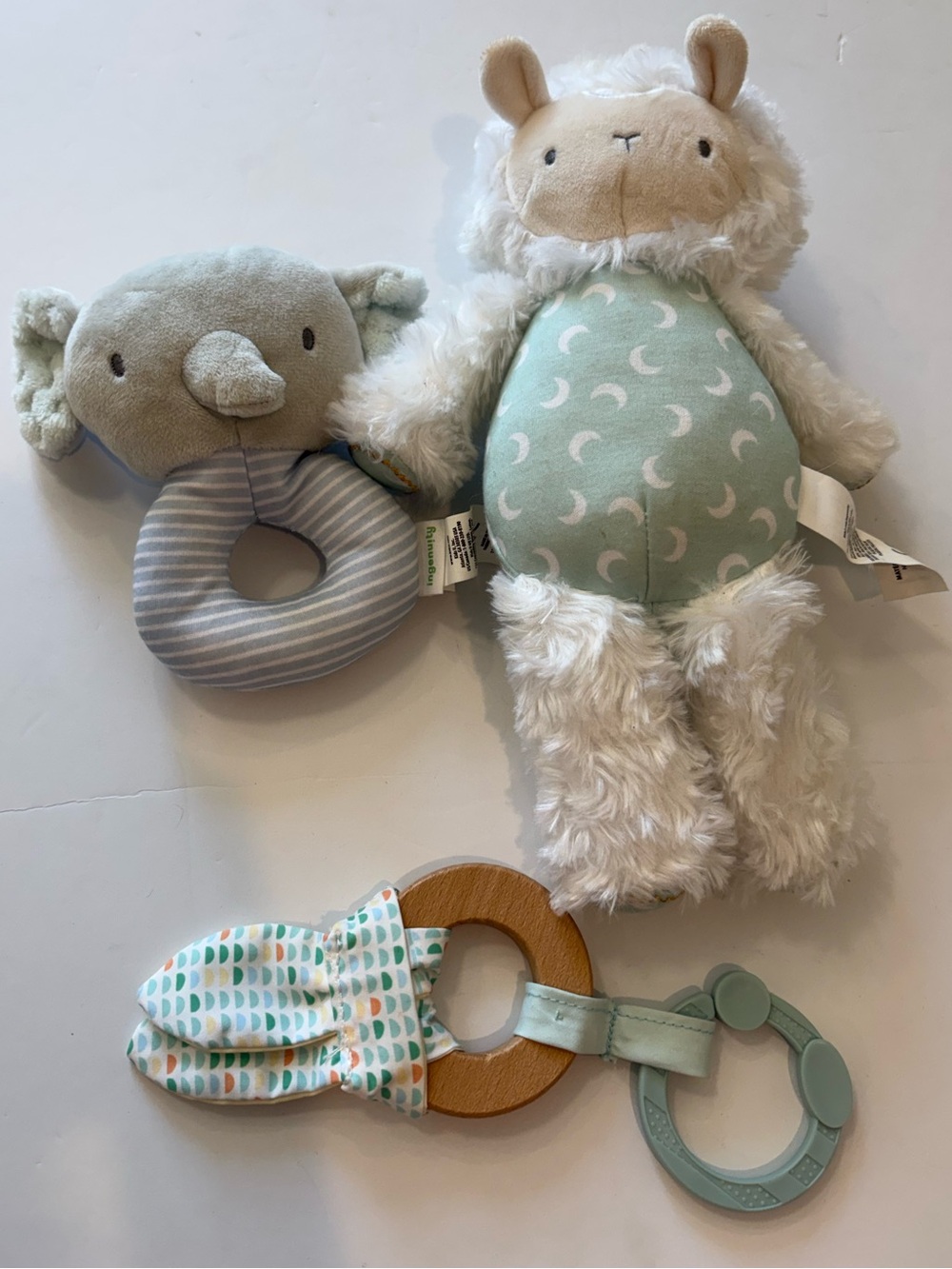 Ingenuity Baby Bundle Elephant Plush Raddle, Llama Plush, Wooden Ring Toy